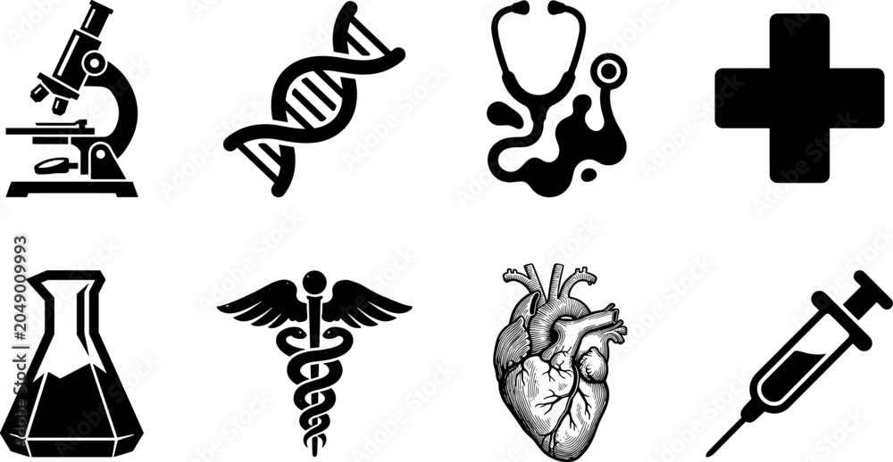 Naklejka premium Medical and Healthcare Icons Collection Featuring Microscope DNA Strand Stethoscope Laboratory Flask Caduceus Human Heart and Syringe
