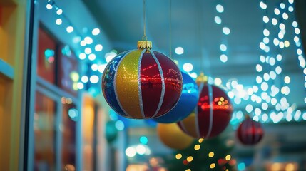 Vibrant and shimmering Christmas ornaments with fairy lights decorate a festive holiday retail store setting