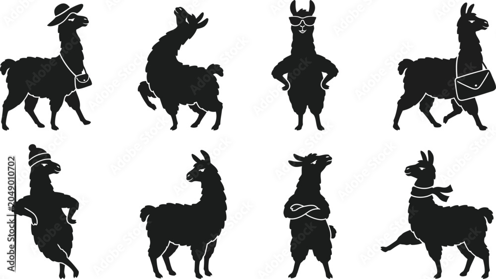 Naklejka premium Llama Silhouettes In Various Poses Black Vector Illustration