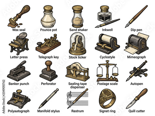 Vintage Office Supplies and Tools Collection: Letterpress to Quill Cutter