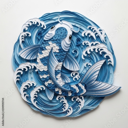 Intricate paper quilling art of a blue and white koi fish. Detailed papercraft carp swimming in swirling ocean waves. Handmade Japanese inspired design on a white background