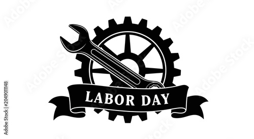 Slika na platnu Labor day celebration symbol with gear wrench and ribbon banner in black and whi