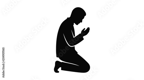 Schilderij op canvas Kneeling man silhouette against a white background simple human form