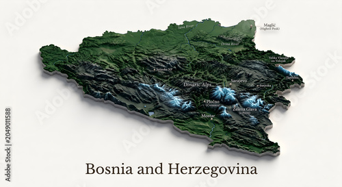 3D Topographical Relief Map of Bosnia and Herzegovina with Mountain Elevations