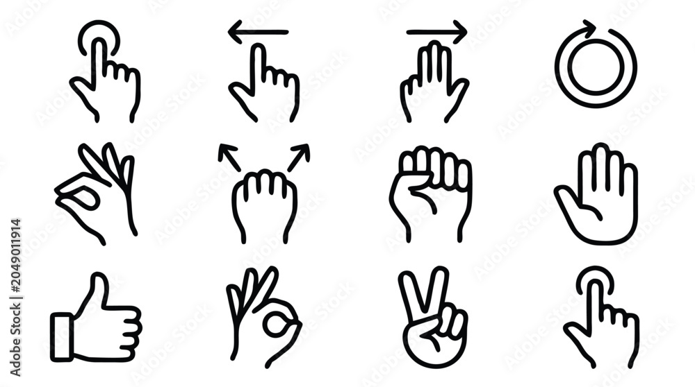 Fototapeta premium Minimalist Black and White Line Art Vector Icon Set of Wearable Gesture Control Rings for Smart Device Interaction and Futuristic Tech Accessories in a Clean Grid Layout for Modern UI Design