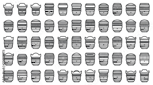 Minimalistic set of photography and camera lens line icons showcasing unique optic equipment symbols neatly arranged on a clean white background for professional studio and media applications. Vector.