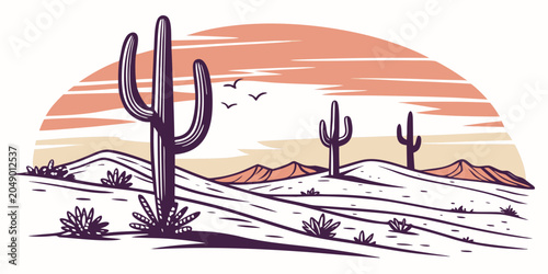 Obraz na płótnie Graphic illustration of desert sunset with saguaro cacti and distant mountains l