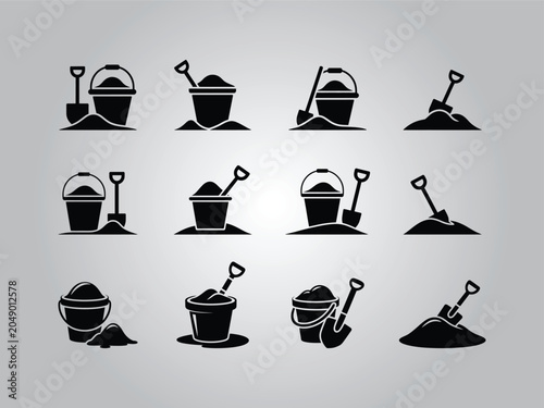 Set of sand bucket and shovel icons