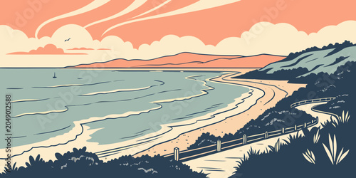 Foto Coastal beach landscape with sandy shore and winding path illustration landscape