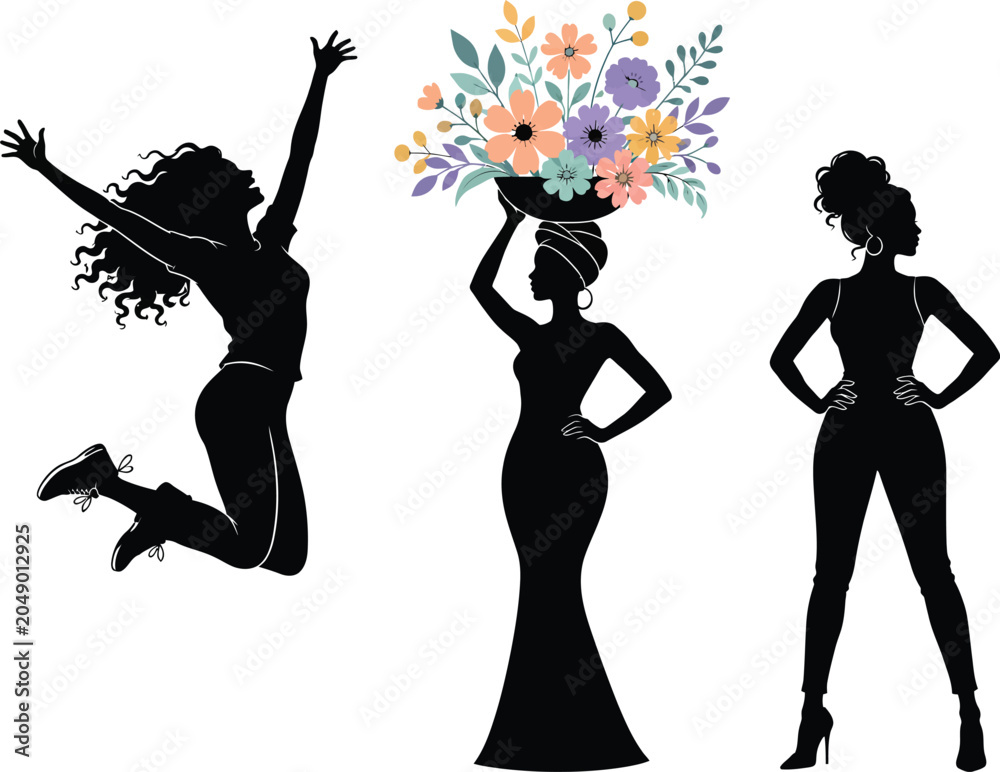 Fototapeta premium Black silhouettes of three graceful African American women in different poses including jumping with joy and carrying colorful flowers on head