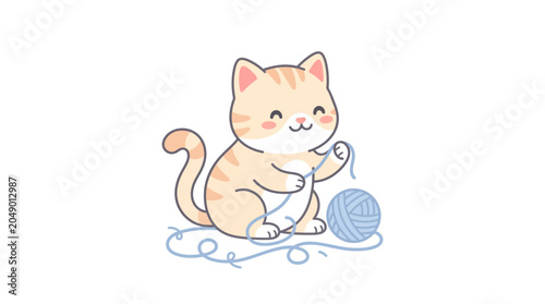 Cute cartoon cat playing with blue yarn ball on white background
