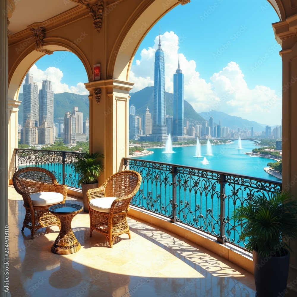 Fototapeta premium Luxurious balcony with wicker chairs overlooks turquoise water, modern city skyline. Tall skyscrapers rise behind fountains on bright, sunny day. Rich green plants, mountains complete scenic urban
