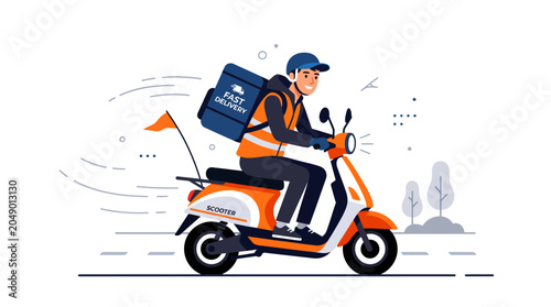 Courier on scooter delivering package in urban setting