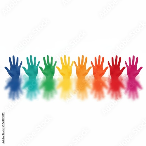 Rainbow colored hands raised in a row. Diversity and inclusion concept with colorful painted hands. Copy space on white background