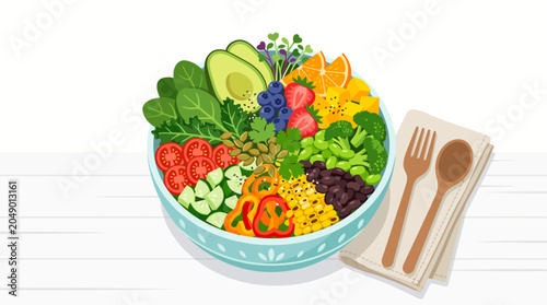 Colorful healthy salad bowl with fresh vegetables and fruits on white background