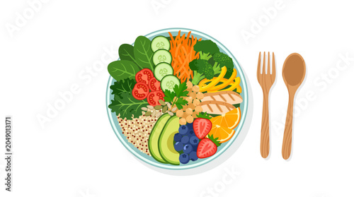 Colorful healthy salad bowl with fresh vegetables and fruits
