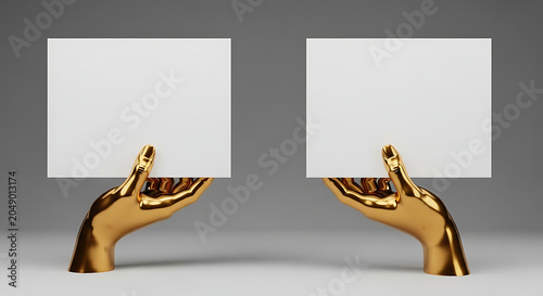 Two Golden Hands Holding Blank White Cards for Text.
