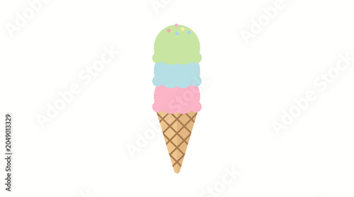 Triple scoop ice cream cone with colorful sprinkles on white background