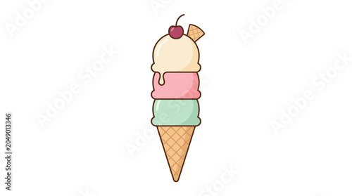 Triple scoop ice cream cone with cherry on top in vector style