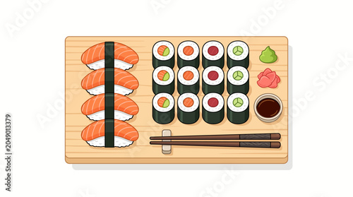 Vector illustration of sushi platter with chopsticks on wooden board
