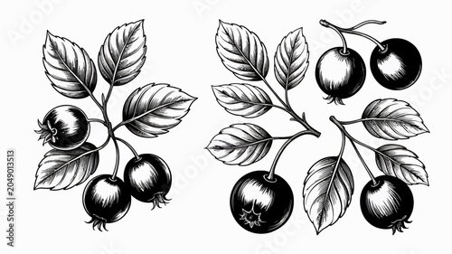 Foto Black berries with leaves and stems illustration a detailed botanical engraving
