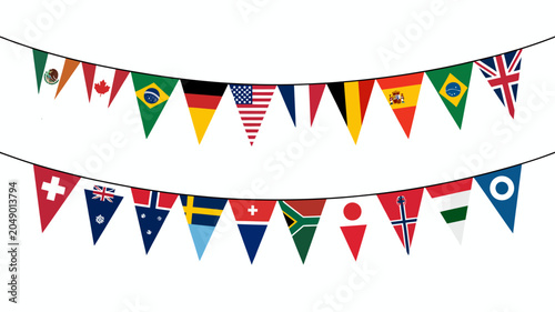 Foto Two strings of triangular pennants displaying various national flags against a w