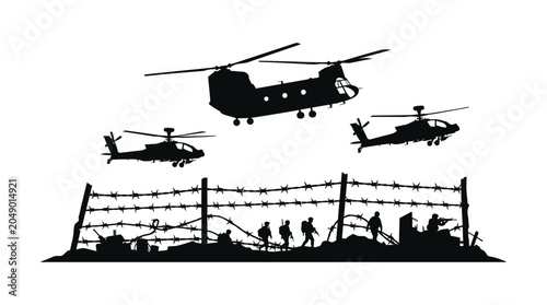 Schilderij op canvas Military Helicopters And Soldiers Silhouette Against White Background