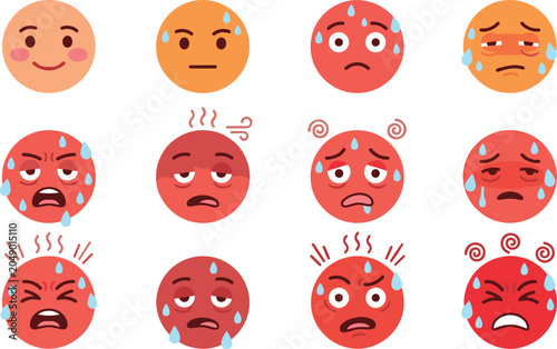 Vector Set of Red Face Emoji Icons Showing Heat Exhaustion, Fever, and Sunstroke Symptoms for Summer Weather Warnings, Health Apps, and Medical Infographics