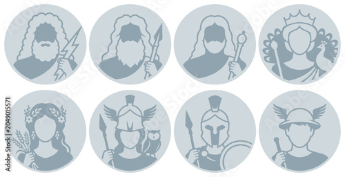 Foto Collection of stylized icons representing Greek gods and goddesses in circular frames