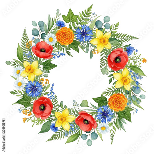 Colorful floral wreath made from vibrant artificial flowers in a circular arrangement