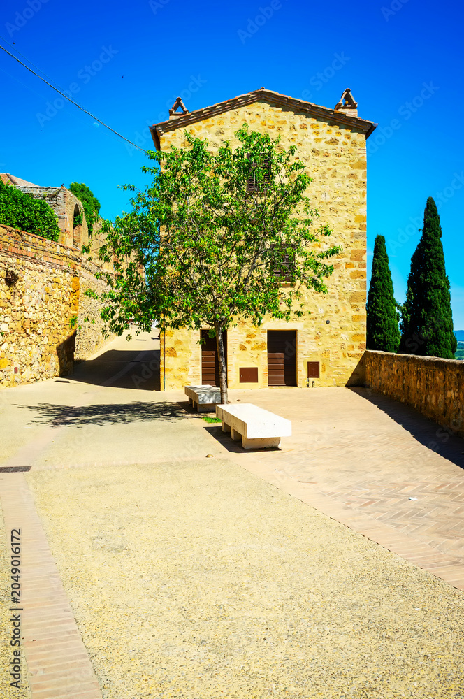 Naklejka premium View of the ancient palaces in Pienza, medieval village of Tuscany (Province of Siena, Italy); is world famous for its renaissance monuments.