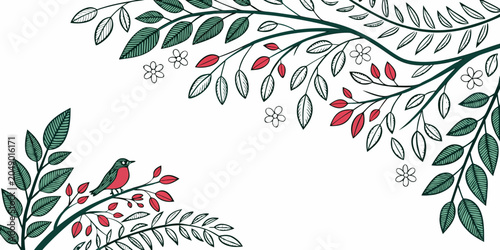 Photos Natural floral frame border with bird perched on branch and leaves botanical orn