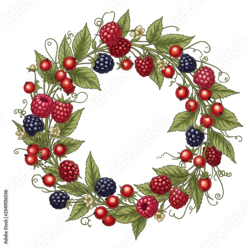 Colorful berries and greenery forming a festive holiday wreath design