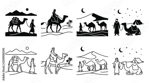 Photos Desert Scene Silhouettes With Camels And Figures Black And White
