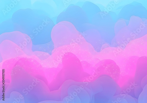 Abstract flowing shapes in vibrant pink, purple, and blue blend together with subtle shimmering particles.