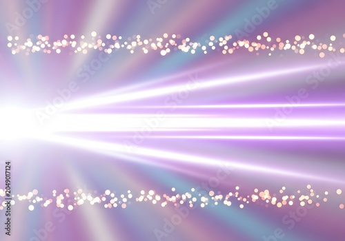 Abstract purple and white light rays emanate from a bright light source with sparkling bokeh effects.