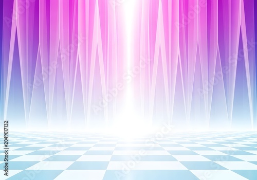 An abstract stage with a checkered floor and dramatic, radiating light beams in shades of purple and pink.