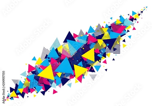 An abstract dynamic composition of colorful triangles with various patterns exploding diagonally against a white background.