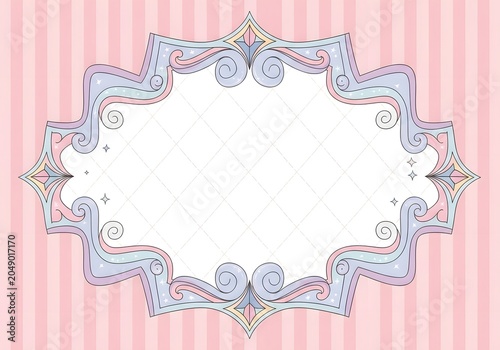 An ornate and decorative pastel-colored frame with swirling motifs rests on a background of soft pink vertical stripes.