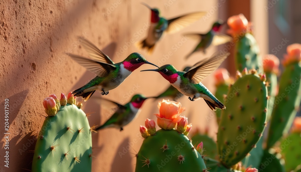 Fototapeta premium Tiny hummingbirds feed on prickly pear cactus blooms near warm wall. Small birds hover with wings blurred, sipping nectar from orange flowers. Nature scene wildlife.