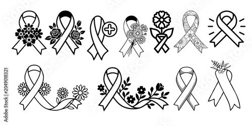 Cancer awareness ribbon vector set with floral elements. Black and white line art of support ribbons decorated with flowers for medical charity, health hope campaigns, and tattoo designs.