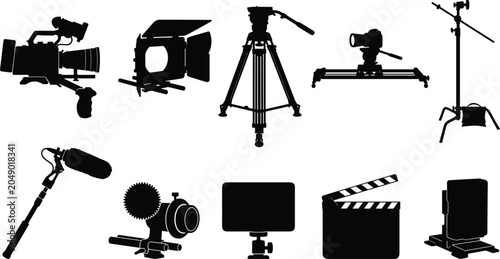 Collection of media production silhouettes featuring cameras, tripods, studio lights, monitors, microphones, and audio gear