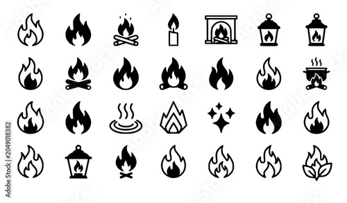 Foto Monochrome Flame and Fire Icons Collection with Camping Heating Candle and Firep