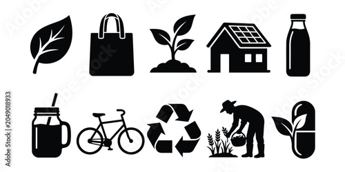 Eco friendly reusable bag icons with leaf