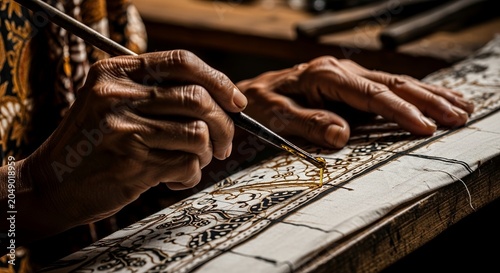 Hands of an Elderly Artisan Carefully Applying Hot Wax to Fabric for Traditional Batik Pattern