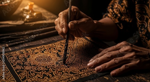 Detailed Close-up of an Artisan Hands Carefully Drawing Traditional Indonesian Batik Patterns Using a Canting Tool on Fabric