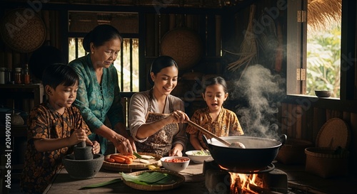 Happy Asian family cooking together in a traditional rustic village kitchen, grandmother, mother and children preparing a meal