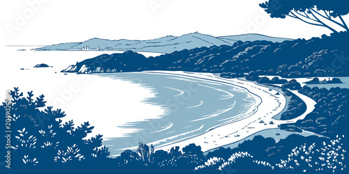 Foto Aerial view illustration of a secluded bay with lush coastal hills landscape ill