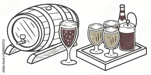 Beer barrel and a tray with assorted glasses of beer beverage glassware refreshment restaurant drinking bartender hospitality beerhouse
