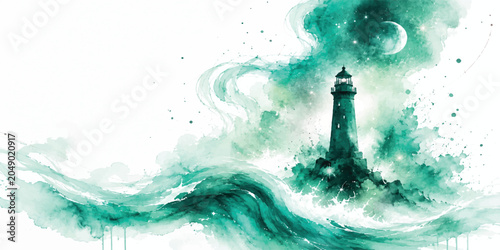 Tablou pe pânză Green Watercolor Lighthouse In Stormy Ocean Waves
